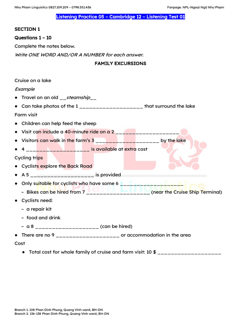 Family Excursions Listening Practice | PDF
