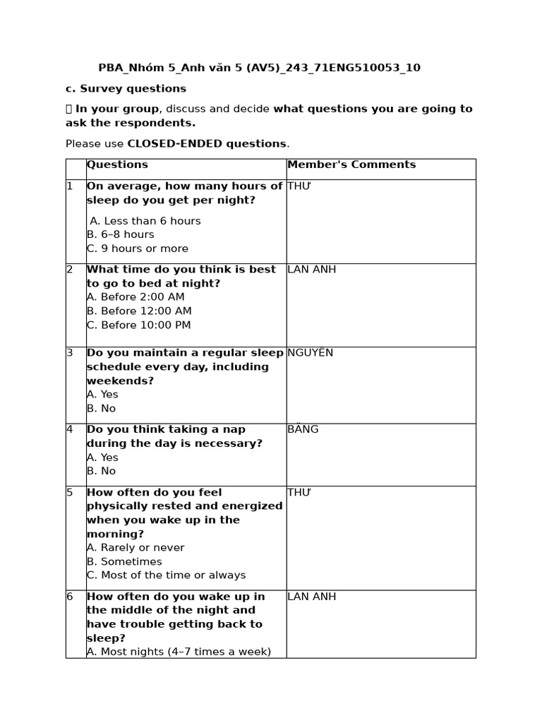 PBA Nhóm 5 Questionnaire | PDF | Sleep | Caffeine