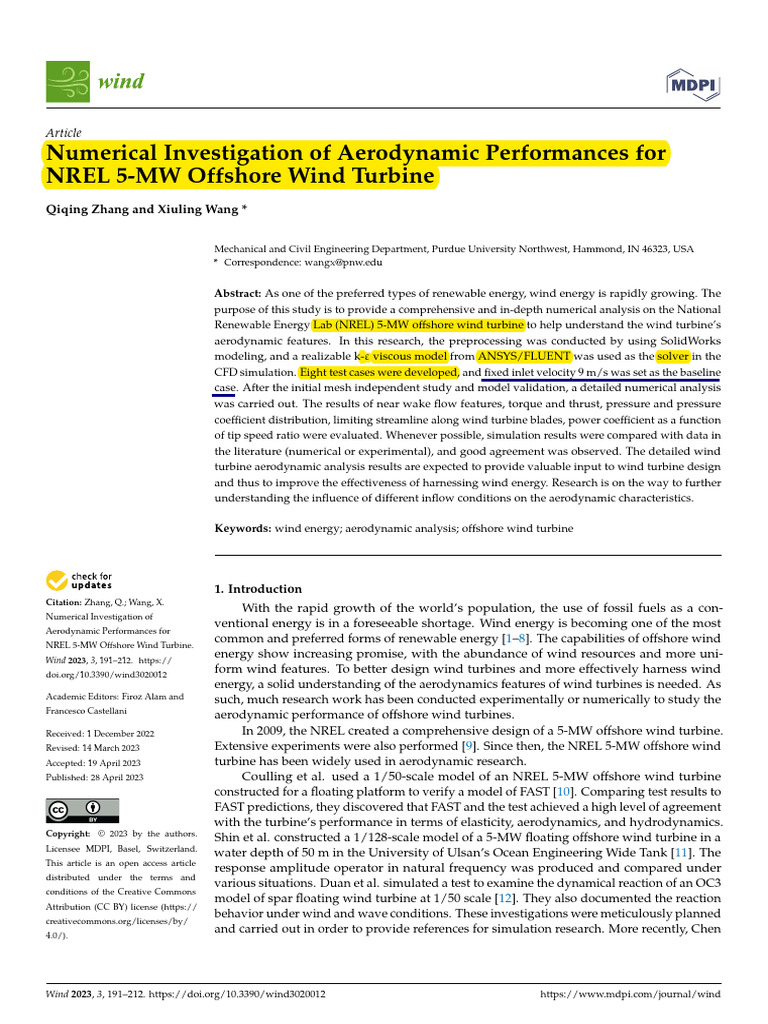 Working Numerical Investigation of Aerodynamic Performances For Nrel 5 ...