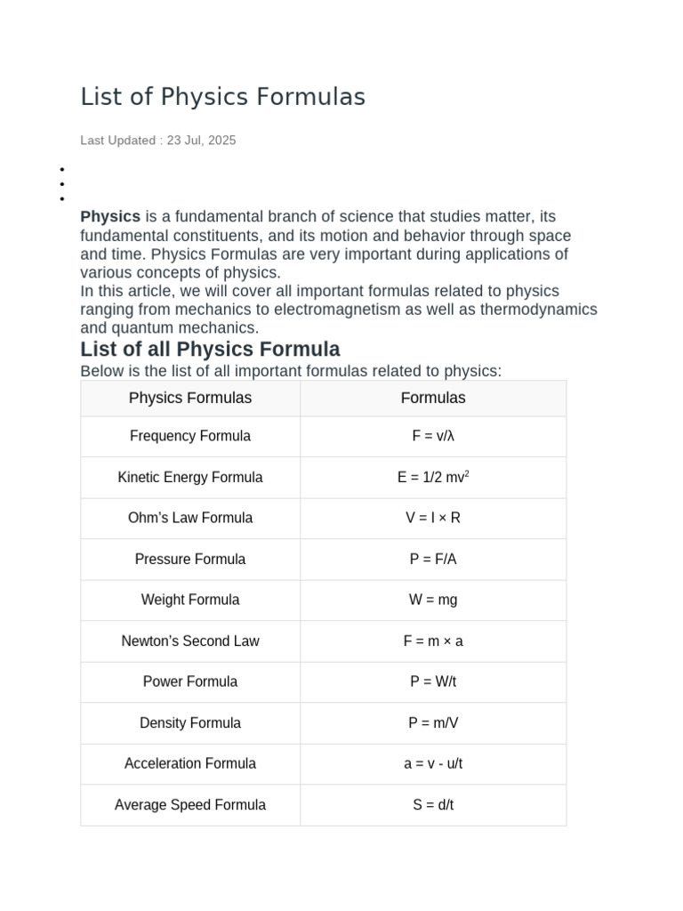 Comprehensive Physics Formulas List | PDF | Force | Physics