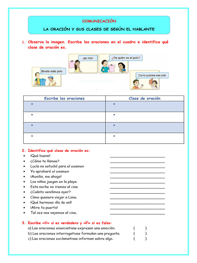 Ficha - Clases de Oraciones | PDF | Oración (Lingüística)