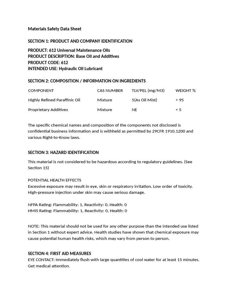 612 Universal Maintenance Oils MSDS | PDF