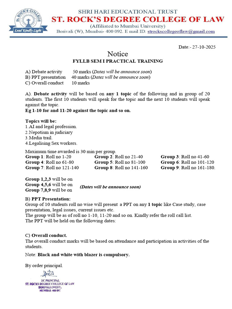 Practical Training-I F.Y..LL.B. Sem. I Notice | PDF
