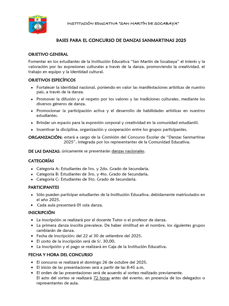 Concurso Danzas Sanmartinas 2025: Bases y Reglas | PDF | Bailes | Ritmo