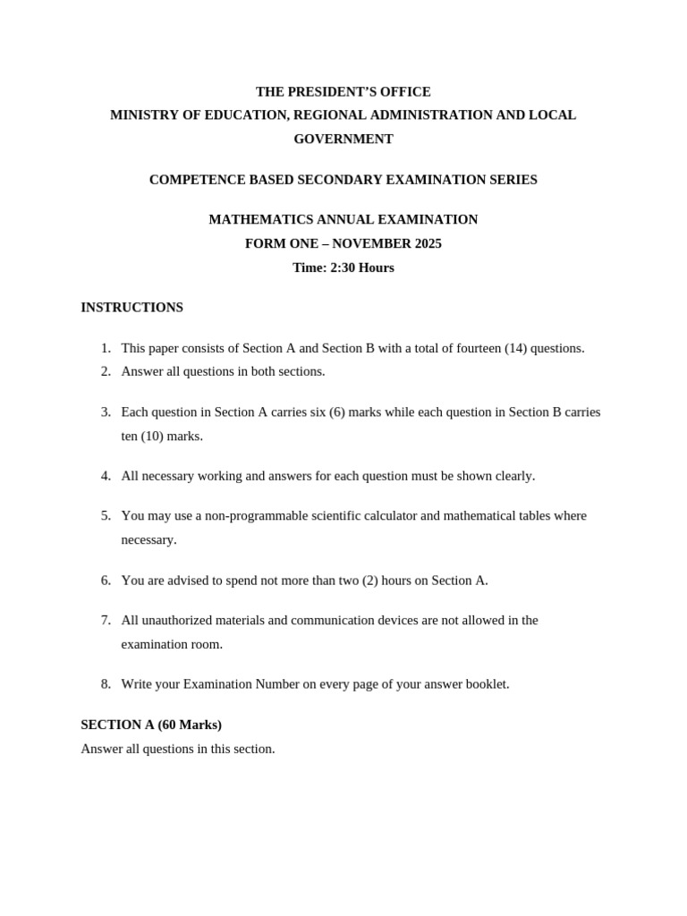 Form One Mathematics Exam 2025 | PDF | Area | Speed