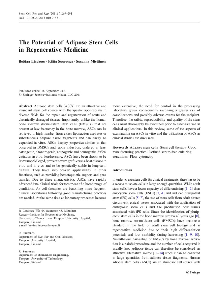 Adipose Stem Cells in Regenerative Medicine | PDF | Mesenchymal Stem ...