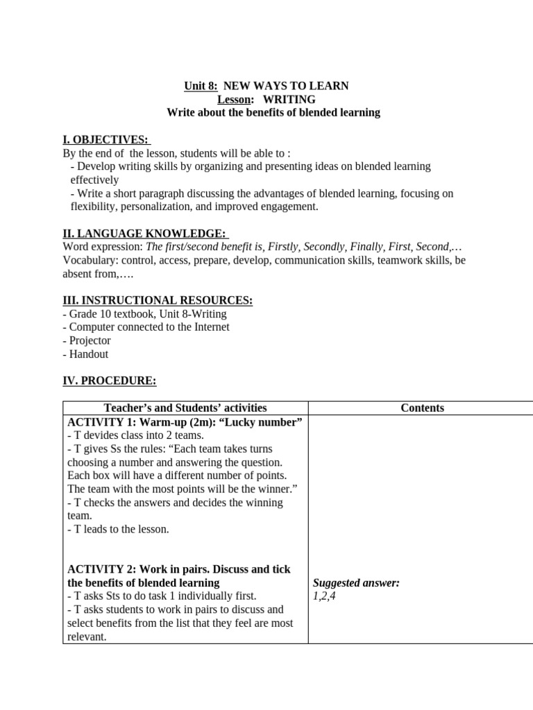Lesson Plan- Unit 8 - Writing (1) | PDF | Communication | Learning