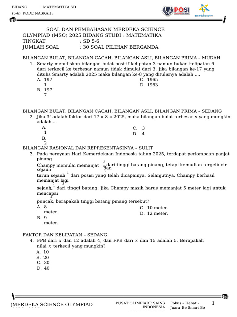 Soal MSO 2025 Matematika SD | PDF