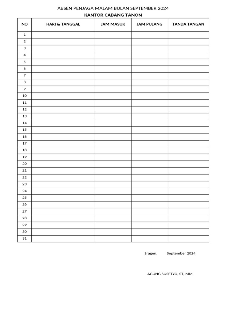 Absen Manual Penjaga Malam 2024 | PDF