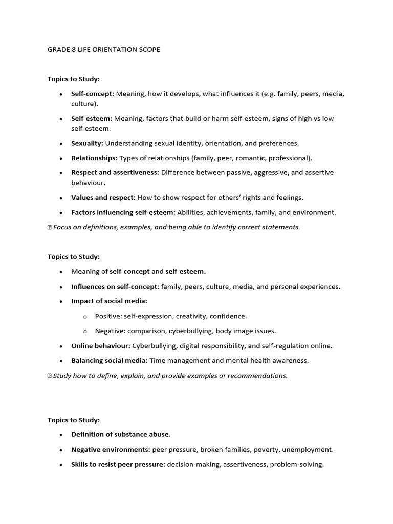 Grade 8 Life Orientation Study Guide | PDF | Self Concept | Self Esteem