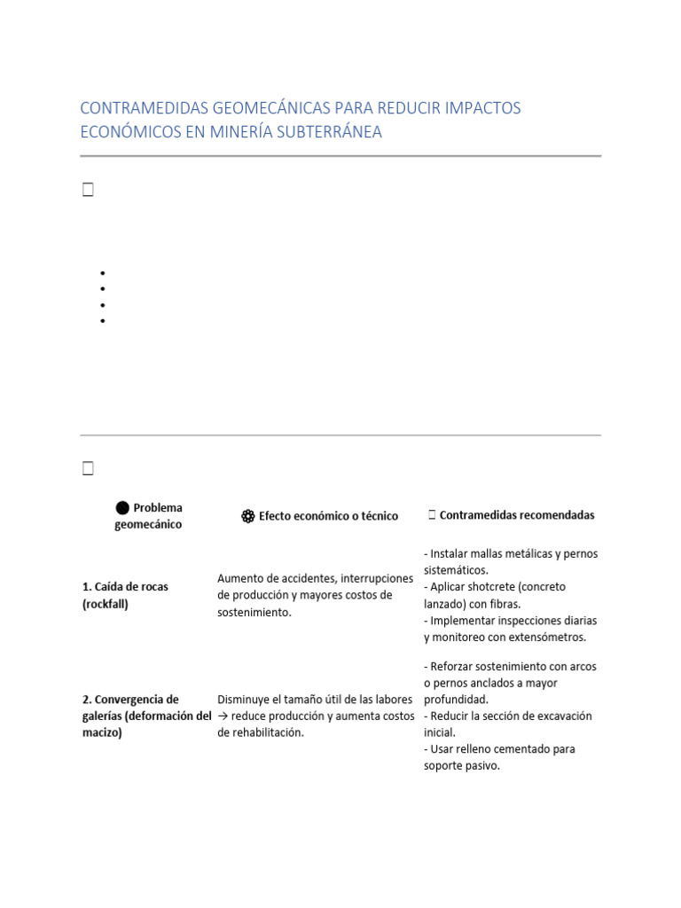 Contramedidas Geomecánicas para Reducir Impactos Económicos en Minería ...