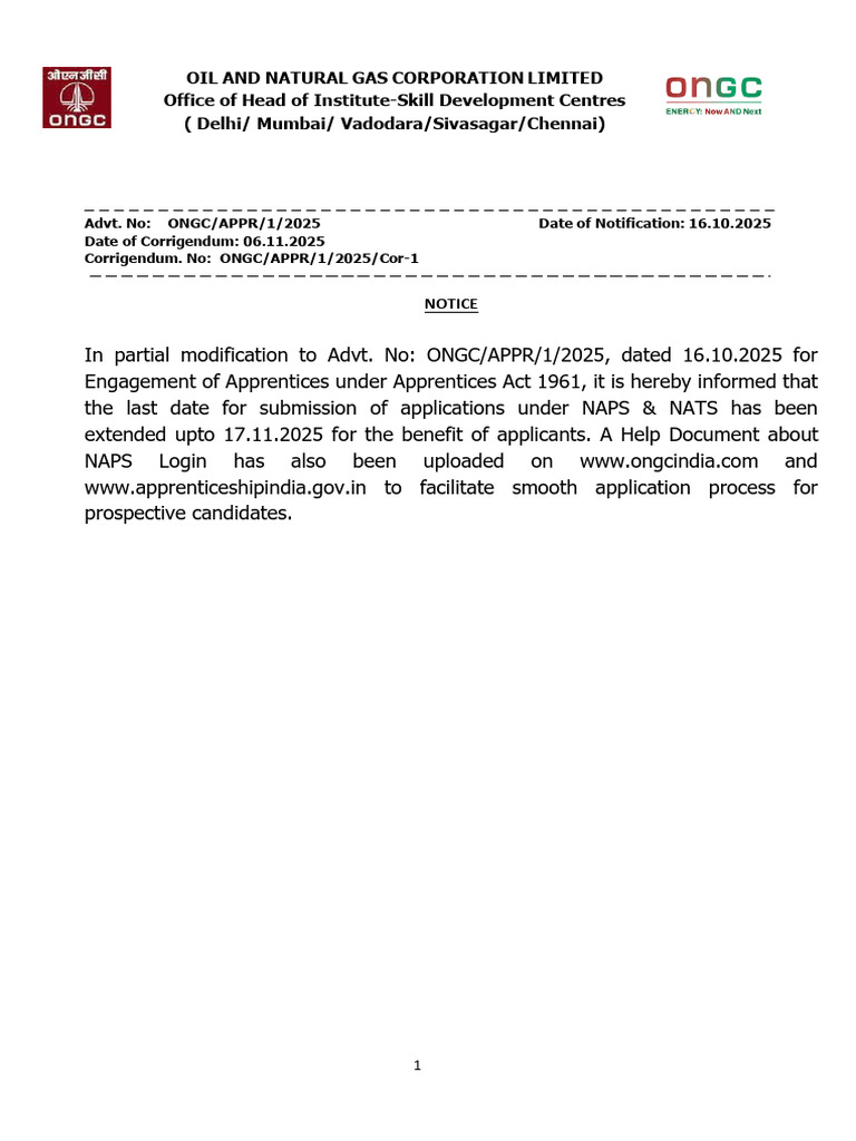 ONGC Apprentice Application Deadline Extended | PDF