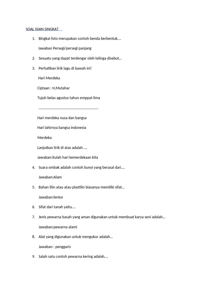 Soal Isian Singkat untuk Siswa | PDF