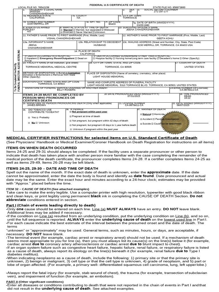 Death Certificate For MR Chandrashekhar | PDF | Race And Ethnicity In ...