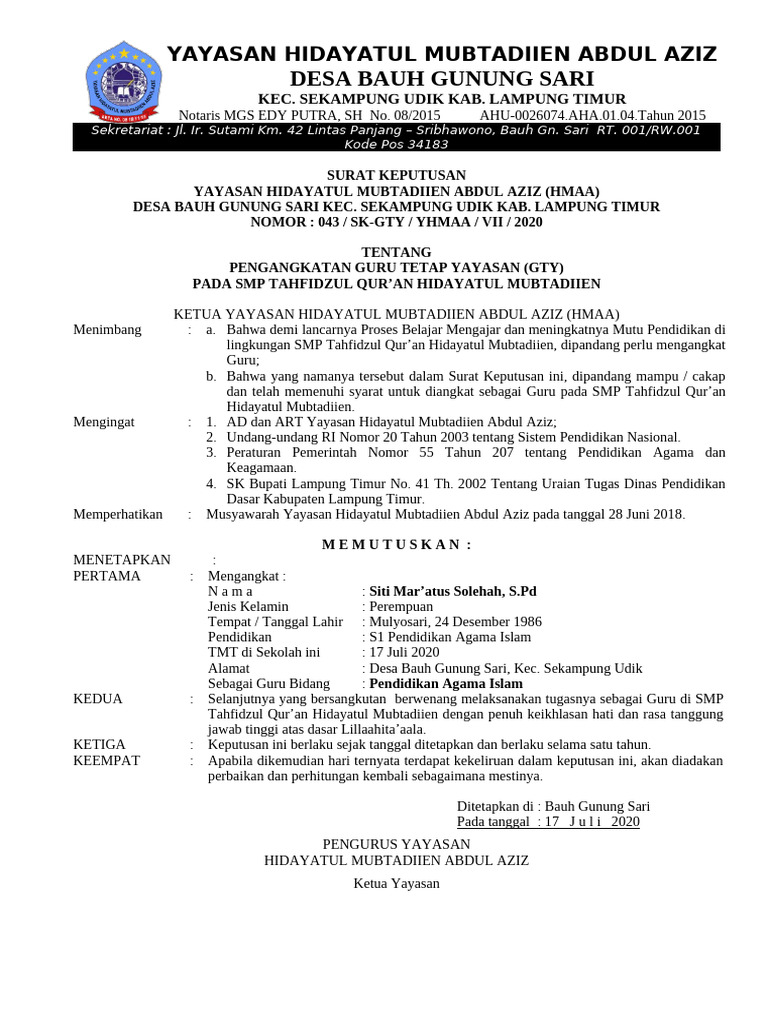 Pengangkatan Guru SMP Tahfidz HMAA | PDF