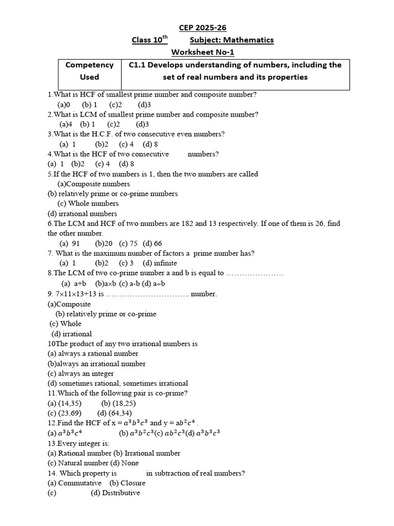 10th Math WS 1 (EM) | PDF | Numbers | Pi