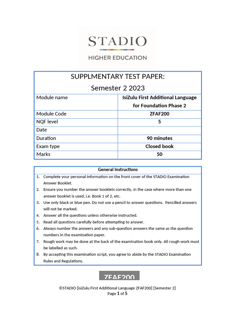 ZFAF200 STADIO Supplementary Test past paper | PDF