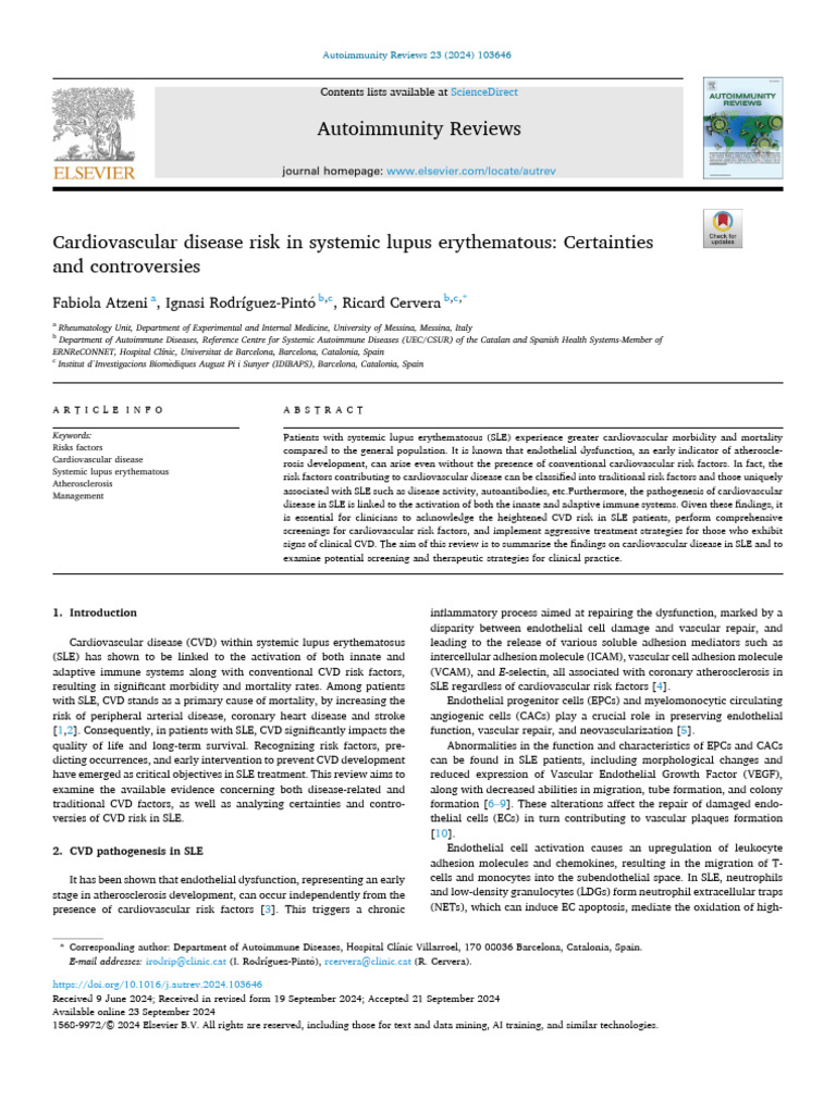 CVD Risk in Systemic Lupus Erythematosus | PDF | Atherosclerosis ...
