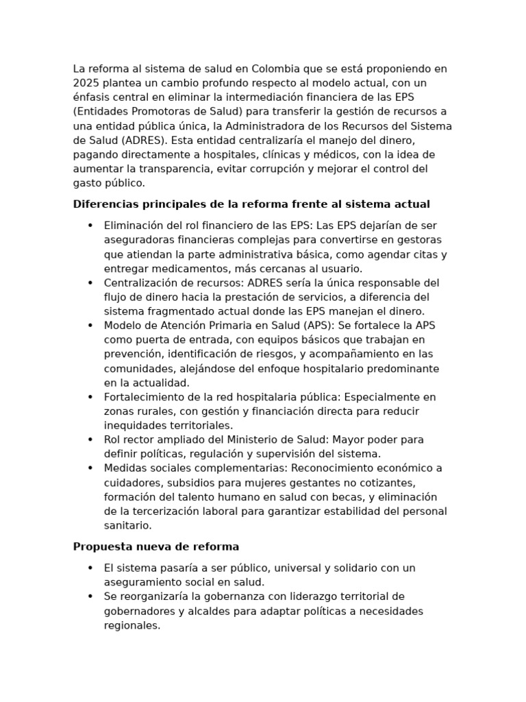 Reforma al Sistema de Salud en Colombia 2025 | PDF | Economias