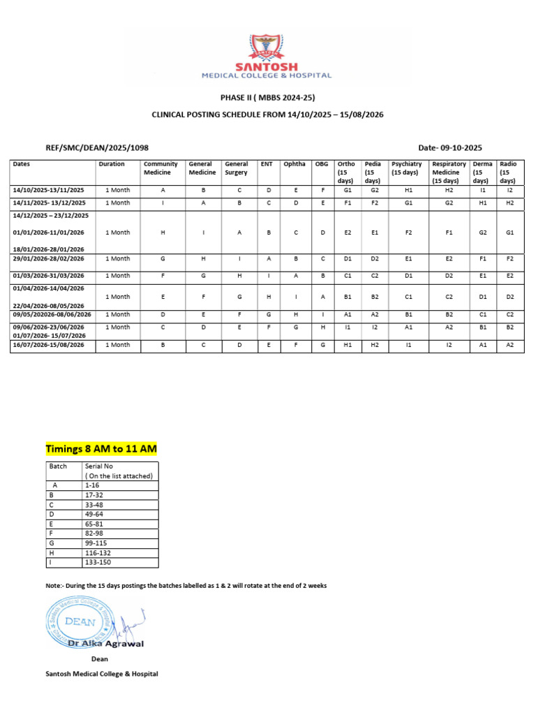 MBBS 2024-25 Clinical Posting Schedule | PDF | Medicine | Health Care