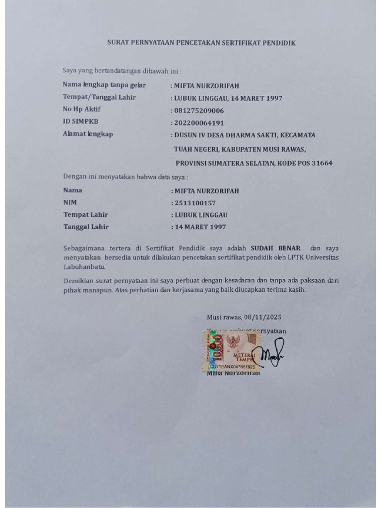 Surat Pernyataan-Mifta Nurzorifah | PDF