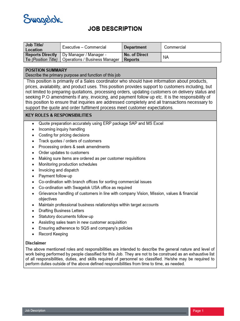 Executive Commercial Job Overview | PDF | Skill | Communication