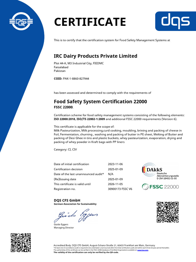 FSSC 22000 Certification for IRC Dairy Products | PDF