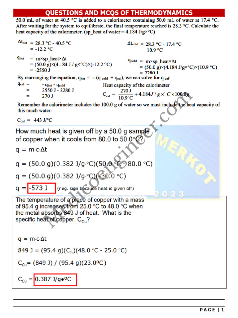 Thermodynamics MCQs and Questions | PDF | Heat | Heat Capacity