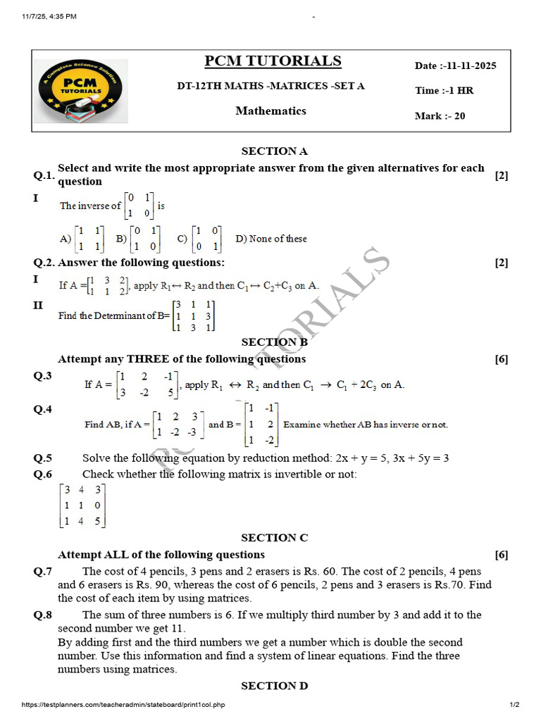 QP DT 12th Maths Matrices Set A | PDF | Matrix (Mathematics) | Linear ...