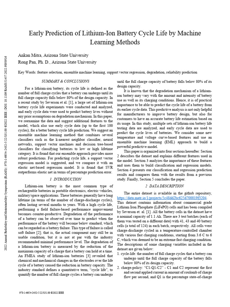 Early Prediction of Lithium-Ion Battery Cycle Life by Machine Learning ...