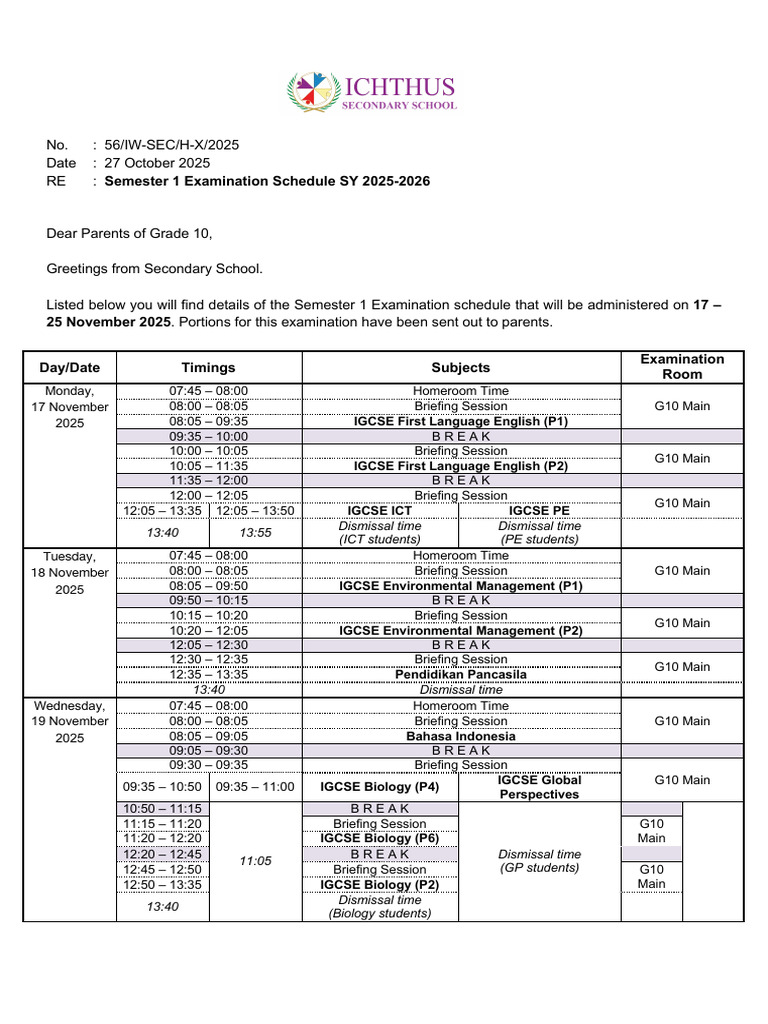 Grade 10 Semester 1 Exam Schedule 2025 | PDF | Academic Term
