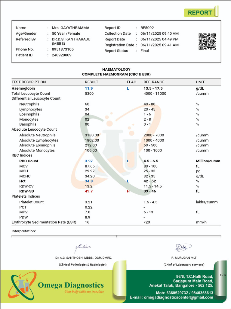 Mrs. Gayathramma's Complete Blood Report | PDF | White Blood Cell ...