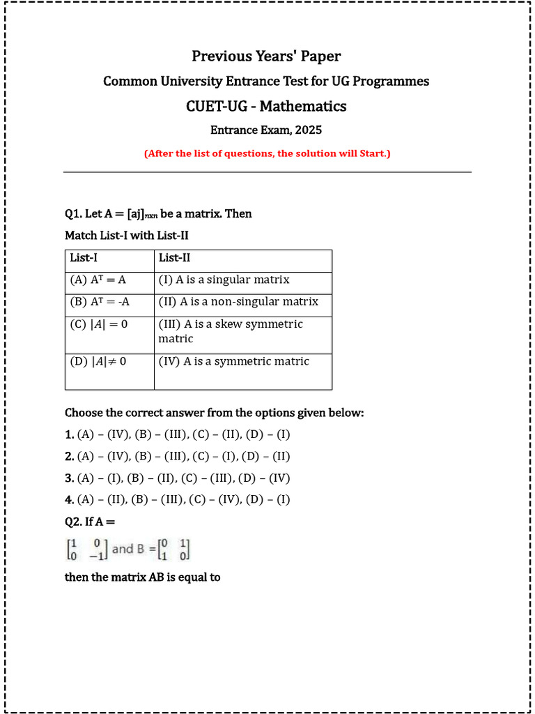 CUET-UG Mathematics Exam Questions | PDF | Line (Geometry) | Determinant