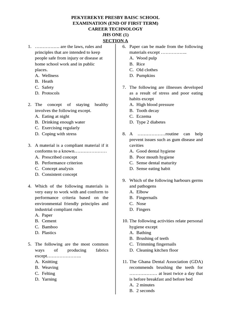 jhs-career-technology-exam-questions-pdf-hygiene