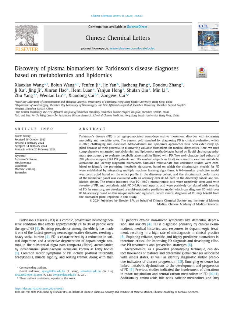 Discovery of Plasma Biomarkers For Parkinson's Disease Diagnoses Based ...