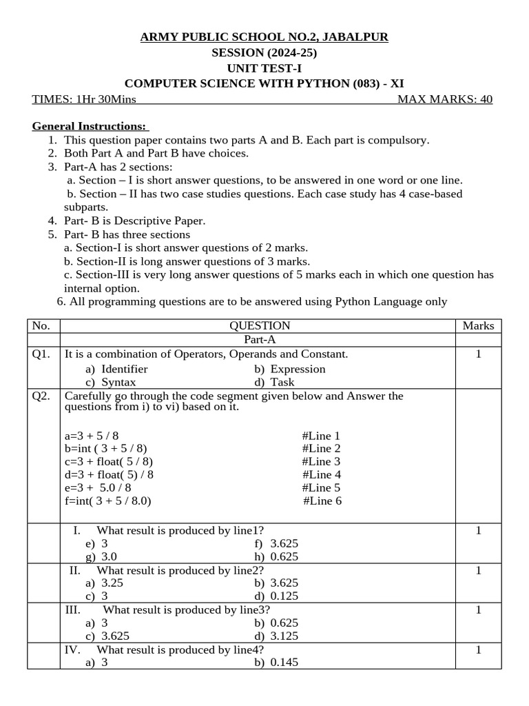 Computer Science Unit Test - Python XI | PDF | Computer Programming ...
