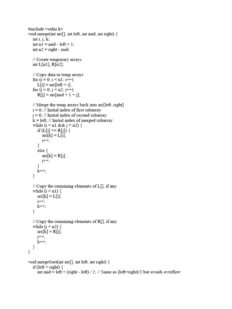 Merge Sort Algorithm in C | PDF