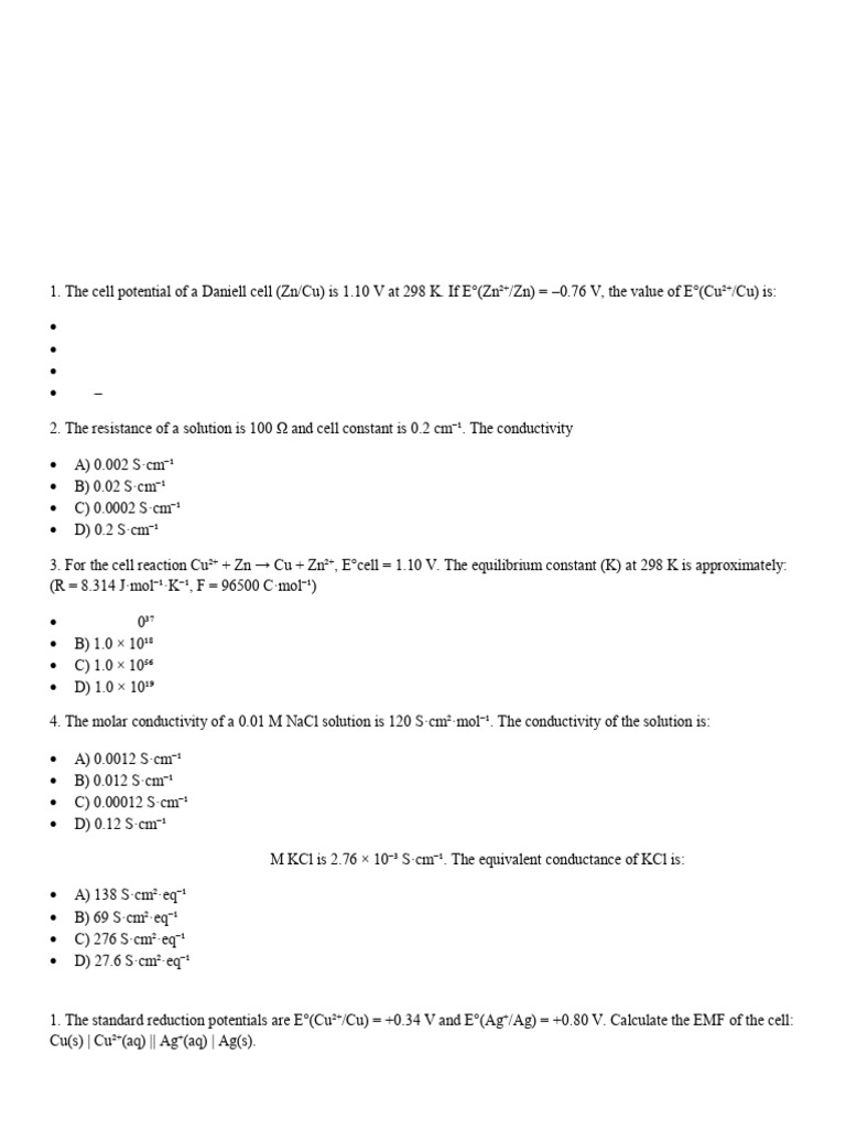 Electrochemistry Practice Questions | PDF | Physical Chemistry | Chemistry