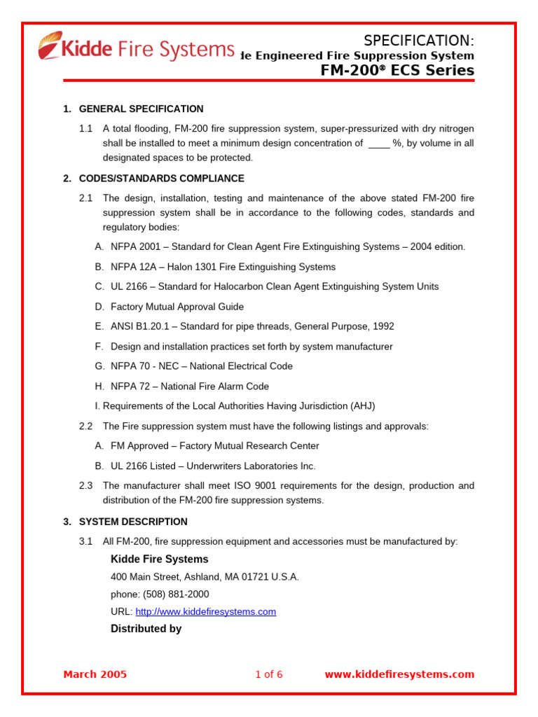 Kidde FM-200 Cylinder Specifications | PDF | Valve | Pressure