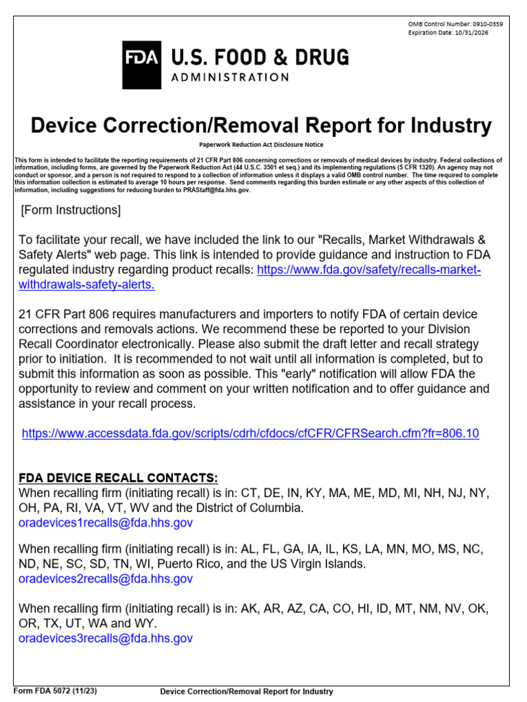 FDA Device Correction/Removal Report | PDF | Shelf Life | Food And Drug ...