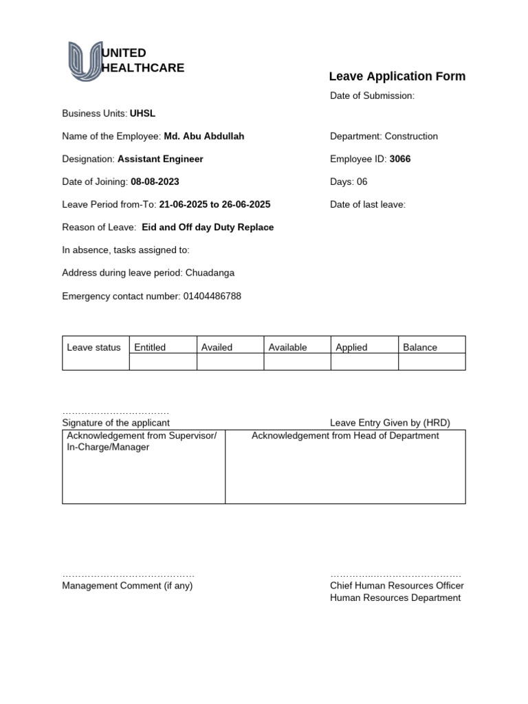 UNITED HEALTHCARE Leave Application Form Tomal | PDF