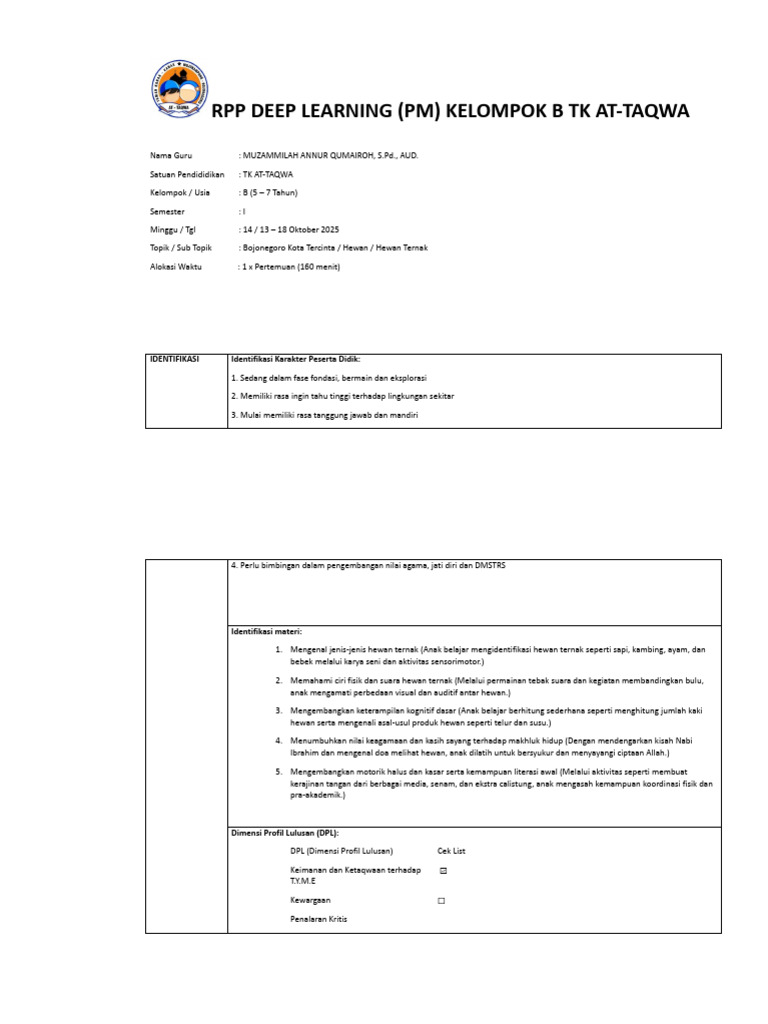 RPP Pembelajaran Mendalam TK B | PDF