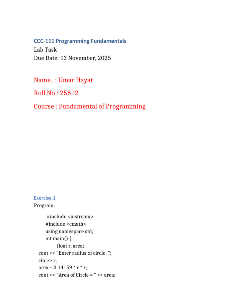 Programming Fundamentals Lab Exercises | PDF | Namespace | Computer ...