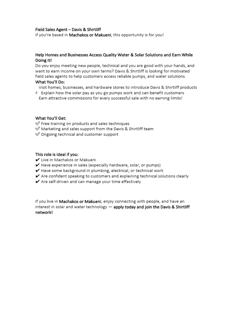 Field Sales Agent Opportunity in Machakos | PDF