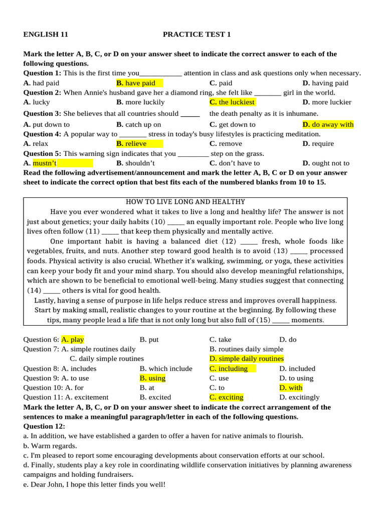 English 11 Practice Test: Grammar & Health | PDF | Diet (Nutrition ...