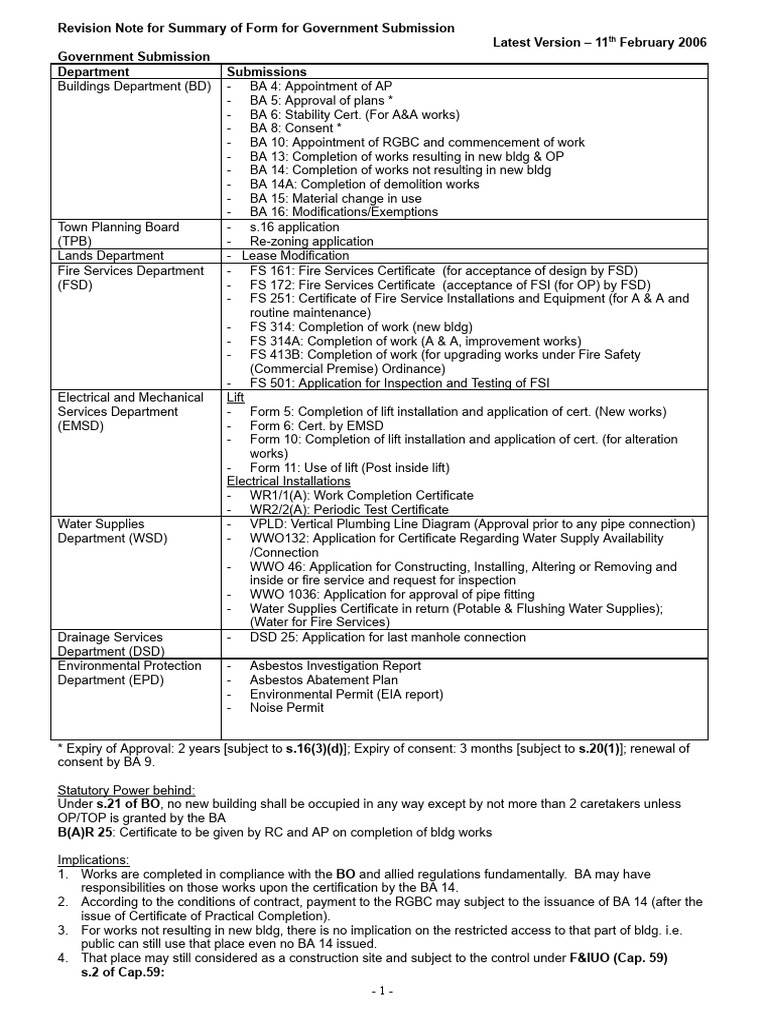 Revision Note For Summary of Form For Government Submission | PDF