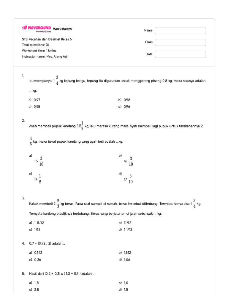STS Pecahan Dan Desimal Kelas 6 - Wayground | PDF
