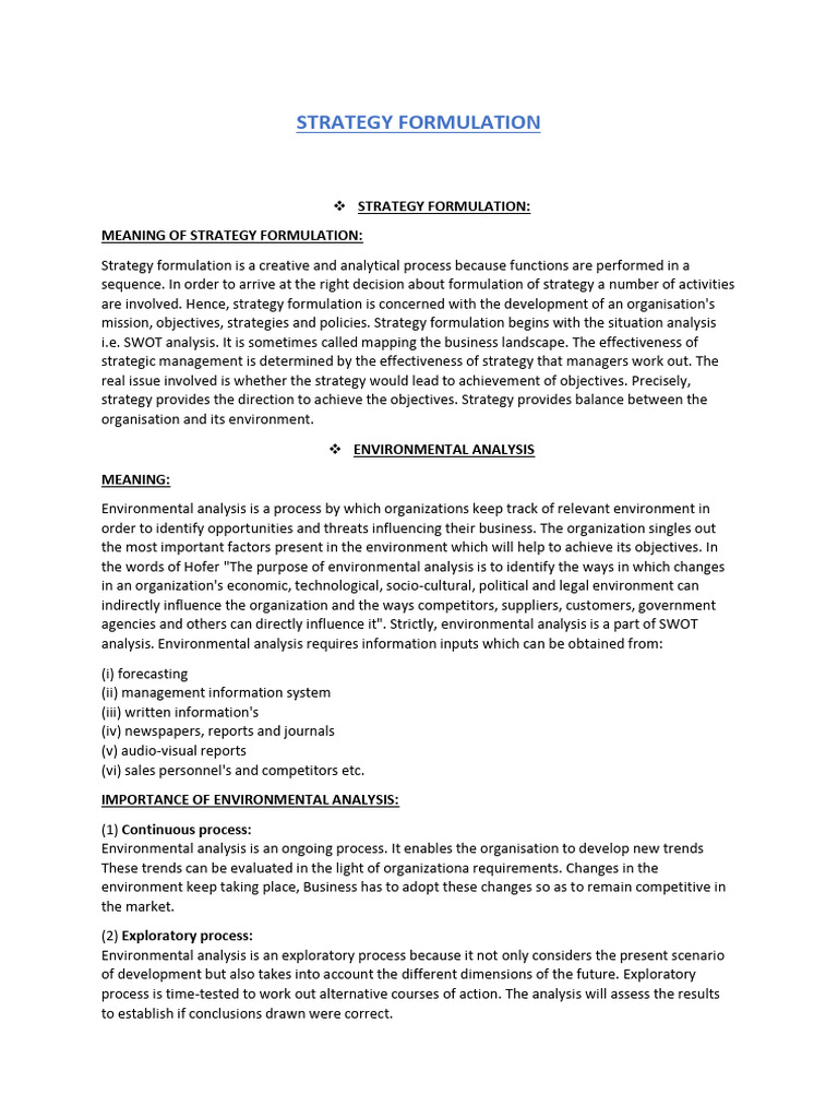 Strategy Formulation and Environmental Analysis | PDF | Swot Analysis ...