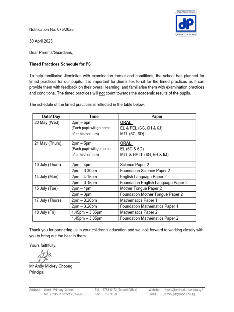 P6 Timed Practices Schedule 2025 | PDF