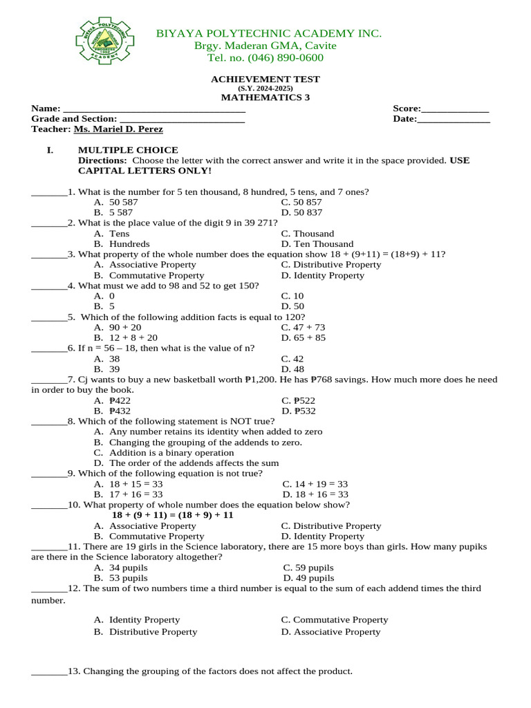 Mathematics Achievement Test 2024-2025 | PDF | Mathematics | Elementary ...